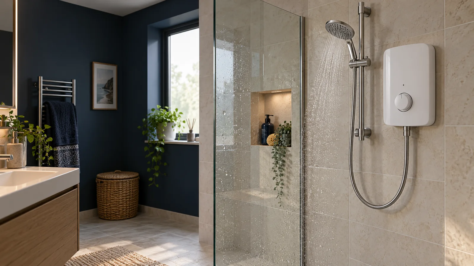 Illustrative bathroom with a wall-mounted shower. AI-generated concept image.