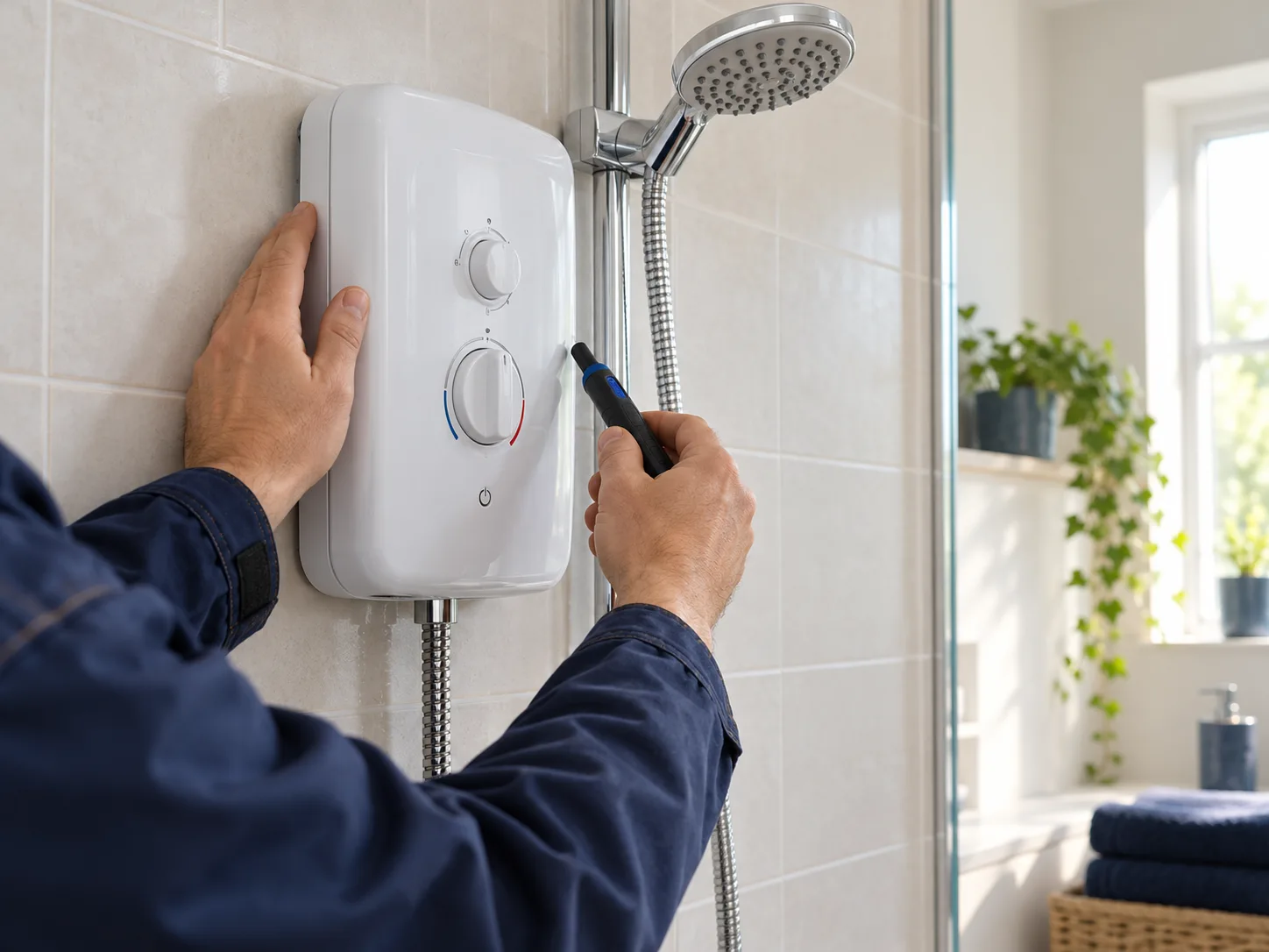 AI-generated illustration of a technician inspecting a generic shower.